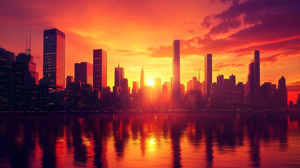 Fototapeta premium A stunning sunset view of a city skyline reflecting on the water, with silhouettes of tall buildings against a vibrant sky, capturing the essence of urban beauty at dusk.