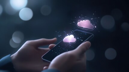 Hands holding smartphone with holographic cloud icons, representing cloud computing and data transfer in a digital environment.