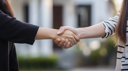 Two women shaking hands in front of a house, celebrating the purchase of a property