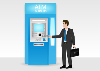 Businessman Using Credit Card to Withdraw Money from ATM. Vector Illustration.