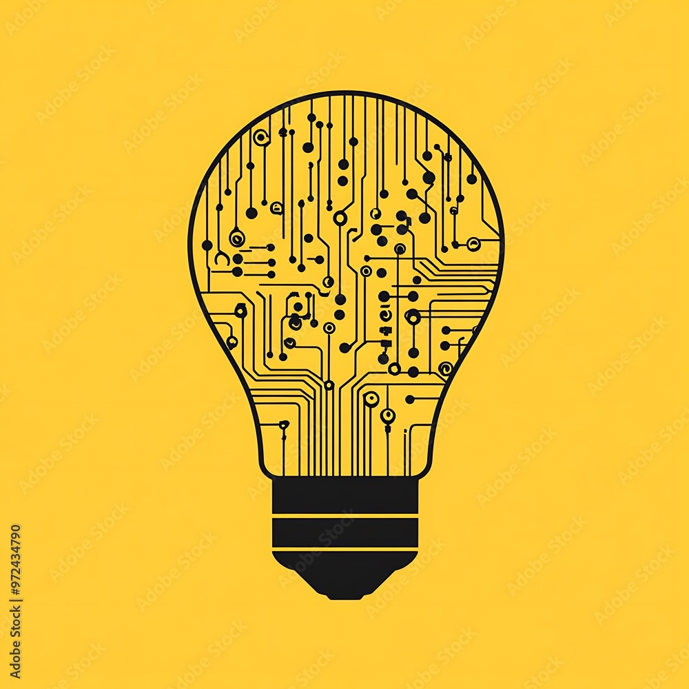 Poster Lightbulb with Circuit Board Design on Yellow Background