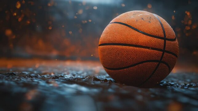 Wet Basketball on Court with Dramatic Orange Bokeh in Rainy Evening, Symbolizing Determination and Passion for the Game