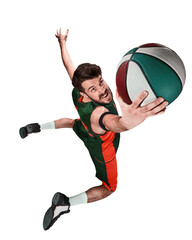 Ambitious and determined man, basketball player expressing motivation to win, in motion with ball...