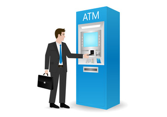 Businessman Using Credit Card to Withdraw Money from ATM. Vector Illustration.