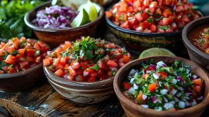Fresh Salsa in Bowls on Rustic Wooden Background - Food Photography