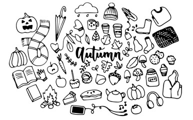 Vector graphic hand drawn doodle autumn set. Cozy hygge autumn doodle sketch element for design and printing