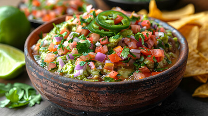 Close Up of Guacamole with Cilantro, Tomatoes, Red Onion, and Jalape?os in a Brown Bowl - Food Photography