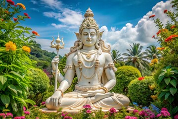 A serene and majestic white marble statue of Lord Shiva, adorned with intricate carvings, standing amidst lush green