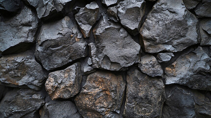 A close-up image of a textured stone wall composed of various dark gray rocks arranged in an irregular pattern, showcasing the natural beauty and ruggedness of the material.