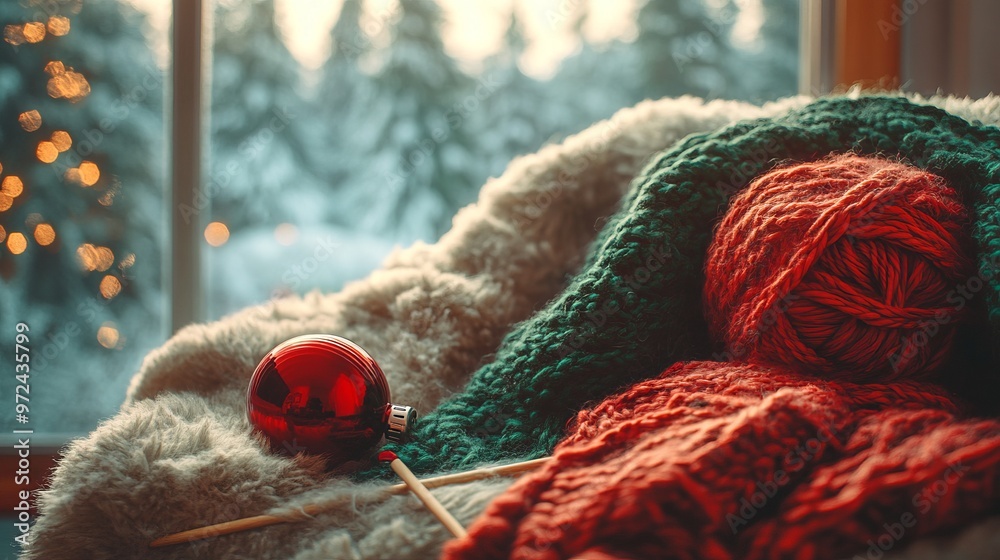 Poster Knitting a cozy Christmas scarf using red and green yarn, with needles and a half-finished project on a comfy chair. 4K hyperrealistic photo.