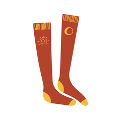 Pair of high vintage socks. with sun and moon symbols Vector illustration isolated on a white background.