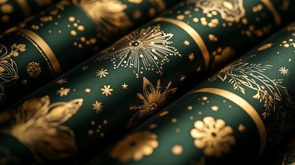 Fototapeta premium Textured pattern of Christmas wrapping paper, featuring intricate designs and a glossy finish that catches the light. 4K hyperrealistic photo.