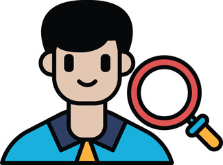A man with a magnifying glass is smiling