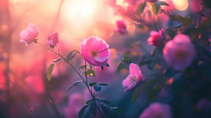 Obraz premium Pink roses bloom in a garden bathed in warm, golden sunset light.