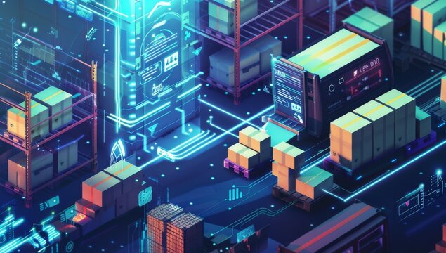 Digital warehouse with an augmented reality (AR) interface, showcasing boxes and pallets being organized by workers in the background.