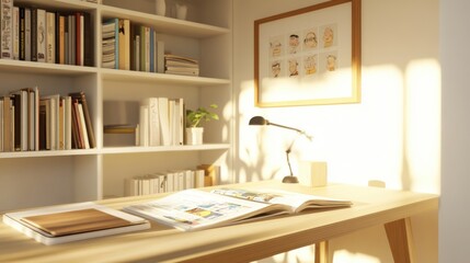 Simple light wood desk, white bookshelf, and an open newspaper featuring animated