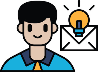 A man with a light bulb on his head is smiling and holding an envelope