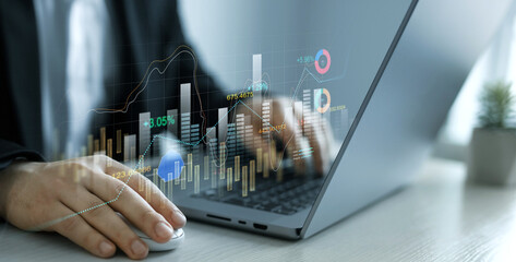 Businessman draw graphic with rising arrows. Financial diagram graph and profit stock market chart. Business growth graph and investment analysis.Development and growth chart.