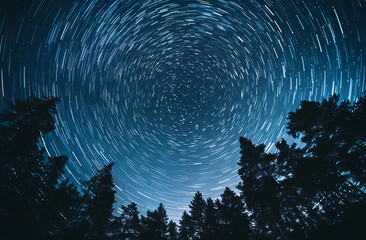 Fototapeta premium A mesmerizing star trail photograph showcasing swirling stars above a dark forest silhouette, creating a beautiful celestial pattern against a deep blue sky.