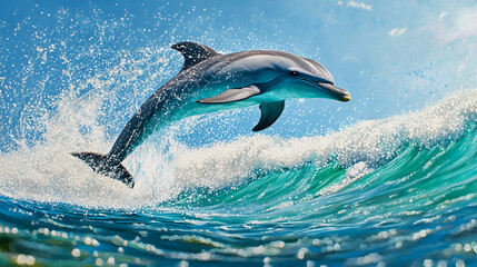 Fototapeta premium A playful dolphin leaping above crystal-clear ocea