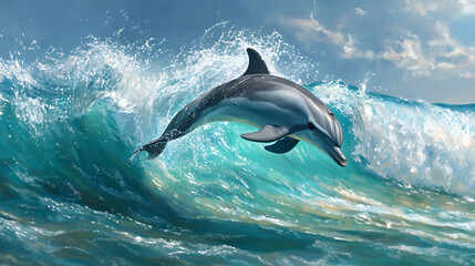 Obraz premium A playful dolphin leaping above crystal-clear ocea