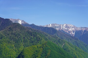 信州　大鹿村　夕立神パノラマ公園から残雪の南アルプスのパノラマ、荒川前岳、荒川中岳、赤石岳、小赤石岳、兎岳、聖岳を望む
