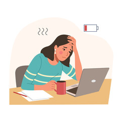 Sad, unhappy woman at workplace looking at laptop. Professional burnout syndrome. Vector flat style cartoon illustration