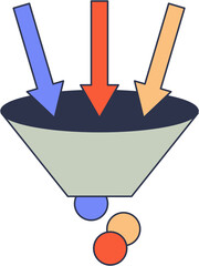 A funnel with arrows pointing down and balls exiting, symbolizing filtering or selection process.