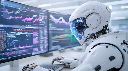 A futuristic AI robot analyzing live financial market data and graphs on multiple screens, showcasing advanced technology and artificial intelligence in stock trading and data processing.