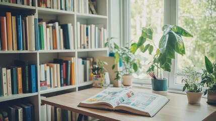 Fototapeta premium Soft-toned wooden desk and white bookshelves, with an open newspaper