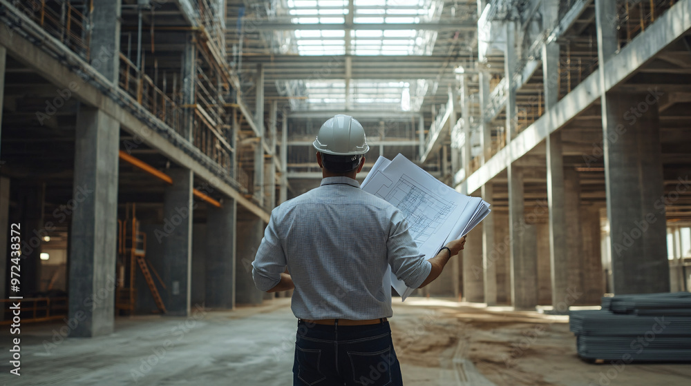 Poster Architect supervising a construction site with blueprints in hand to ensure the project's alignment with the design plans