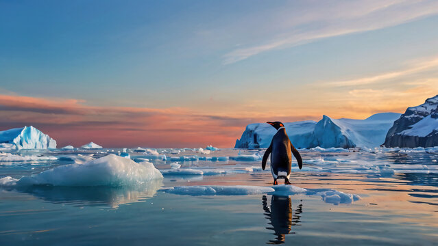 Realistic penguin standing along on icebarg with sea of melt ice in antarctic south pole with twlight sky background in concept of climate change and global warning pollution environment landscape