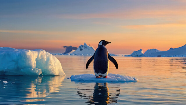 Realistic penguin standing along on icebarg with sea of melt ice in antarctic south pole with twlight sky background in concept of climate change and global warning pollution environment landscape