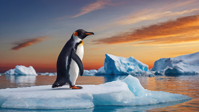 Realistic penguin standing along on icebarg with sea of melt ice in antarctic south pole with twlight sky background in concept of climate change and global warning pollution environment landscape
