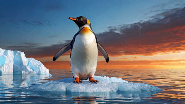 Realistic penguin standing along on icebarg with sea of melt ice in antarctic south pole with twlight sky background in concept of climate change and global warning pollution environment landscape
