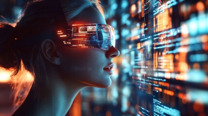 Fototapeta premium Futuristic Web Developer in Virtual Reality with Glowing Website Elements and Code: 3D Illustration