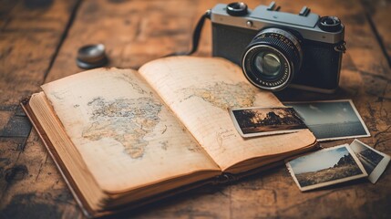 An open travel journal with scattered photographs placed beside a camera on a rustic wooden table, symbolizing the passion for capturing and reminiscing travel experiences.****