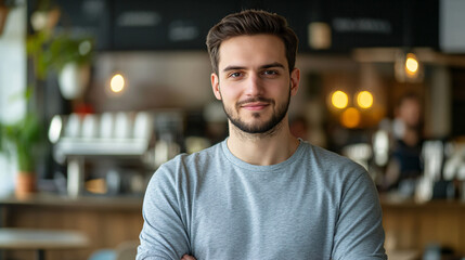 Obraz premium Young restaurant manager is posing with his arms crossed, smiling in his coffee shop
