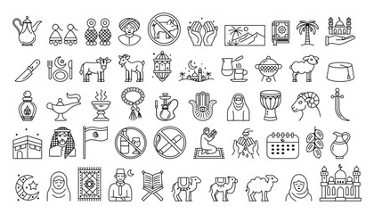 A set of Islamic culture icons in a linear style, featuring various cultural and religious symbols on a white background. Vector illustration
