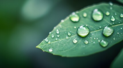A close-up of water droplets on the edge of an emerald green leaf, reflecting light and creating a fresh, natural look