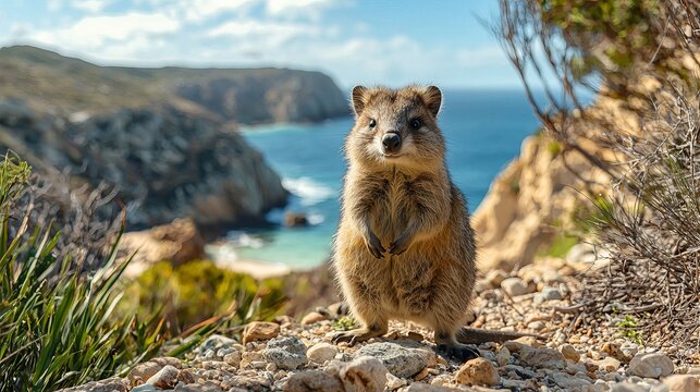 Adorable quokka on a coastal trail with scenic cliffs and ocean in the distance