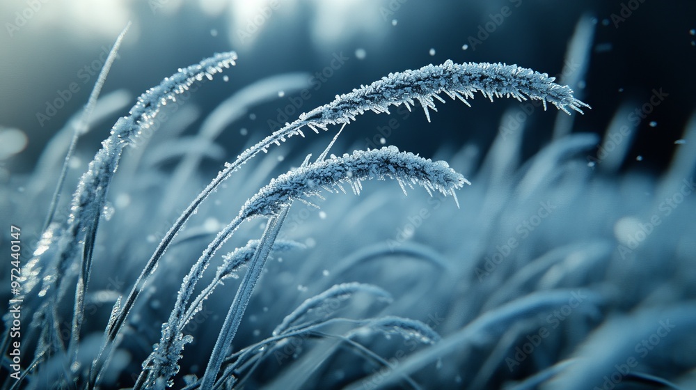 Sticker Close-up of frost-covered grass blades, each blade outlined in ice with a sharp, crystalline texture. 4K hyperrealistic photo.