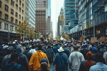 Obraz premium Large Crowd Marching in an Urban Protest on City Streets