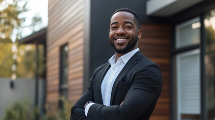 Confident real estate agent in suit and tie smiles in front of modern house, showcasing success and happiness in suburban neighborhood