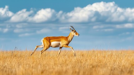 Rare saiga antelope sprinting across the golden grasslands of the Central Asian steppes under a blue sky