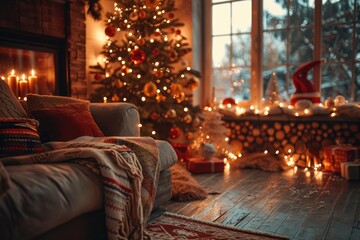 Obraz premium Cozy Christmas Living Room with Tree, Lights, and Decorations in Winter Wonderland