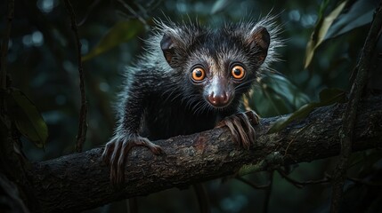 Naklejka premium Aye-aye staring from a branch in the shadows of Madagascar’s rainforest