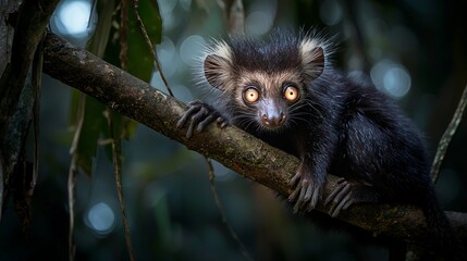 Naklejka premium Aye-aye lemur perched on a tree branch in Madagascar's tropical forest