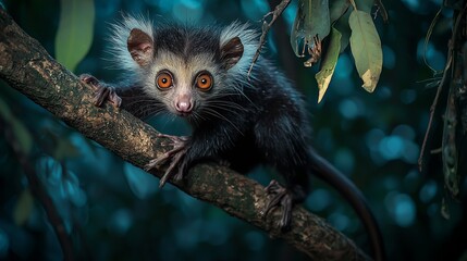 Aye-aye lemur with striking eyes clinging to a tree in dense jungle