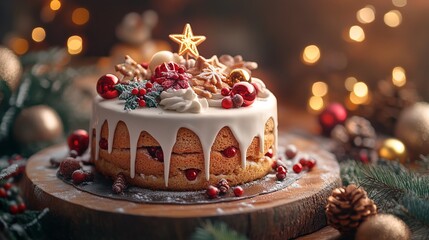 Decorating a Christmas cake with marzipan, fondant, and holiday-themed decorations, on a festive holiday table. 4K hyperrealistic photo.